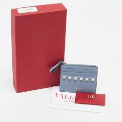 Pre Owned Valentino Blue Leather Rockstud Zip Card Holder