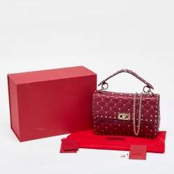 Pre Owned Valentino Burgundy Quilted Leather Medium Rockstud Spike Top Handle Bag