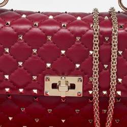Pre Owned Valentino Burgundy Quilted Leather Medium Rockstud Spike Top Handle Bag
