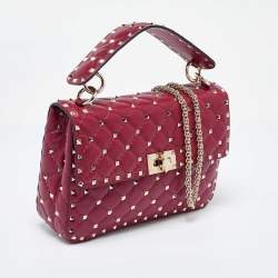Pre Owned Valentino Burgundy Quilted Leather Medium Rockstud Spike Top Handle Bag