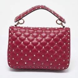 Pre Owned Valentino Burgundy Quilted Leather Medium Rockstud Spike Top Handle Bag