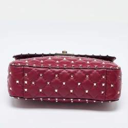 Pre Owned Valentino Burgundy Quilted Leather Medium Rockstud Spike Top Handle Bag