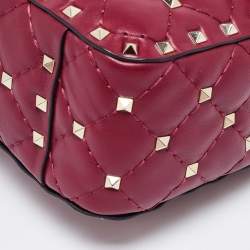Pre Owned Valentino Burgundy Quilted Leather Medium Rockstud Spike Top Handle Bag