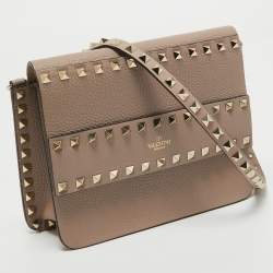 Pre Owned Valentino Beige Leather Rockstud Flap Crossbody Bag