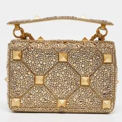 Valentino Gold Crystal Studded Medium Roman Stud Top Handle Bag