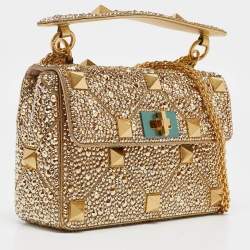 Valentino Gold Crystal Studded Medium Roman Stud Top Handle Bag