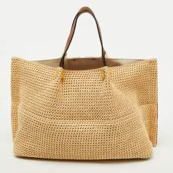 Pre Owned Valentino Tan/Natural Woven Raffia and Leather Medium Summer Tote
