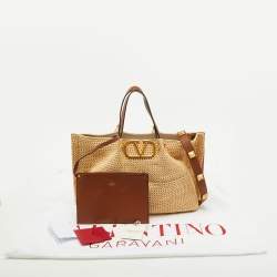 Pre Owned Valentino Tan/Natural Woven Raffia and Leather Medium Summer Tote