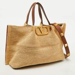 Pre Owned Valentino Tan/Natural Woven Raffia and Leather Medium Summer Tote