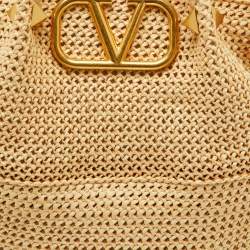 Pre Owned Valentino Tan/Natural Woven Raffia and Leather Medium Summer Tote