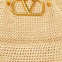 Pre Owned Valentino Tan/Natural Woven Raffia and Leather Medium Summer Tote