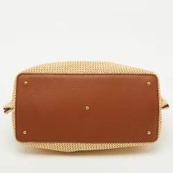 Pre Owned Valentino Tan/Natural Woven Raffia and Leather Medium Summer Tote