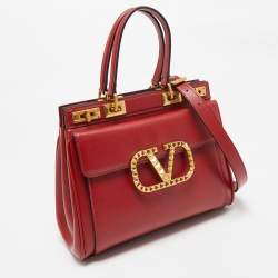 Pre Owned Valentino Red Leather Medium VLogo Stud Alcove Tote