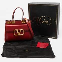 Pre Owned Valentino Red Leather Medium VLogo Stud Alcove Tote