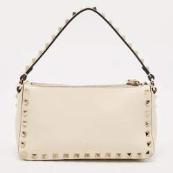 Pre Owned Valentino Light Ivory Leather Small Rockstud Crossbody Bag