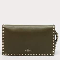 Pre Owned Valentino Olive Green Leather Rockstud Flap Clutch
