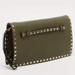 Pre Owned Valentino Olive Green Leather Rockstud Flap Clutch