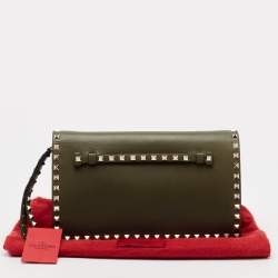 Pre Owned Valentino Olive Green Leather Rockstud Flap Clutch