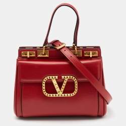 Valentino Red Leather Medium Rockstud Alcove Tote