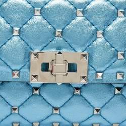 Valentino Metallic Blue Quilted Leather Small Rockstud Spike Top Handle Bag