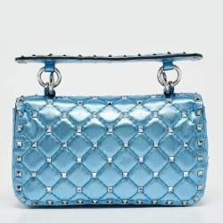 Valentino Metallic Blue Quilted Leather Small Rockstud Spike Top Handle Bag