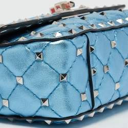 Valentino Metallic Blue Quilted Leather Small Rockstud Spike Top Handle Bag