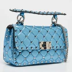 Valentino Metallic Blue Quilted Leather Small Rockstud Spike Top Handle Bag