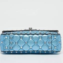 Valentino Metallic Blue Quilted Leather Small Rockstud Spike Top Handle Bag