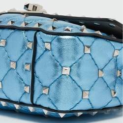 Valentino Metallic Blue Quilted Leather Small Rockstud Spike Top Handle Bag