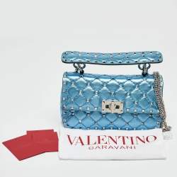 Valentino Metallic Blue Quilted Leather Small Rockstud Spike Top Handle Bag