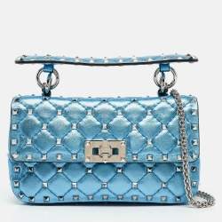 Valentino Metallic Blue Quilted Leather Small Rockstud Spike Top Handle Bag