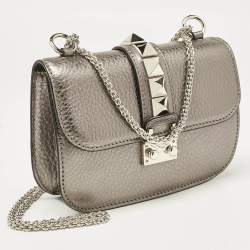 Pre Owned Valentino Metallic Leather Small Rockstud Glam Lock Flap Bag