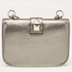 Pre Owned Valentino Metallic Leather Small Rockstud Glam Lock Flap Bag