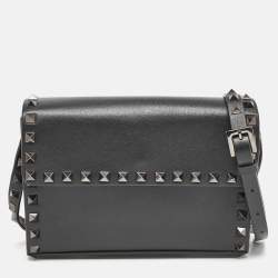 Valentino Black Leather Rockstud Flap Crossbody Bag