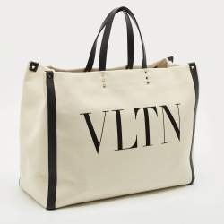 Valentino Off-White/Black Canvas Large VLTN Logo Tote