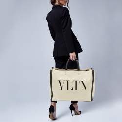 Valentino Off-White/Black Canvas Large VLTN Logo Tote