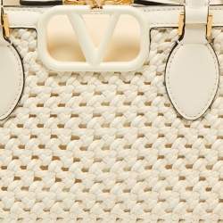 Valentino White Leather Woven VSling Small Double Handle Bag