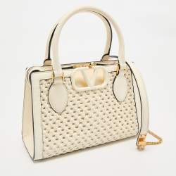 Valentino White Leather Woven VSling Small Double Handle Bag