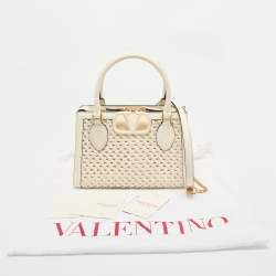 Valentino White Leather Woven VSling Small Double Handle Bag