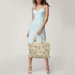 Valentino Beige Canvas and Raffia Medium Resort Flower Tote