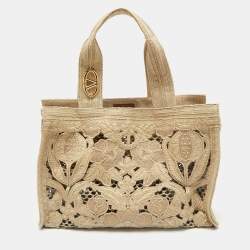 Valentino Beige Canvas and Raffia Medium Resort Flower Tote