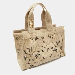 Valentino Beige Canvas and Raffia Medium Resort Flower Tote