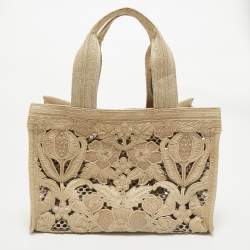 Valentino Beige Canvas and Raffia Medium Resort Flower Tote