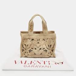 Valentino Beige Canvas and Raffia Medium Resort Flower Tote