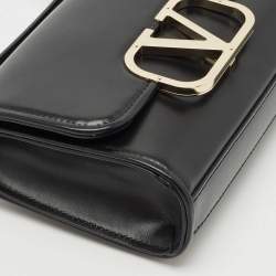 Pre Owned Valentino Black Leather VLogo Flap Crossbody Bag