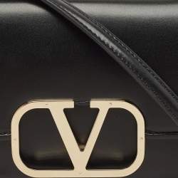 Pre Owned Valentino Black Leather VLogo Flap Crossbody Bag