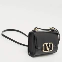 Pre Owned Valentino Black Leather VLogo Flap Crossbody Bag