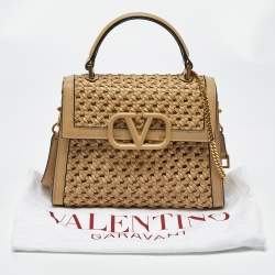 Pre Owned Valentino Beige Woven Leather Small VSling Top Handle Bag