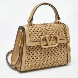 Pre Owned Valentino Beige Woven Leather Small VSling Top Handle Bag