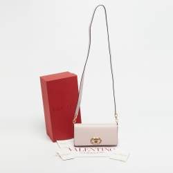Pre Owned Valentino Pink Leather VLogo The Bold Edition Wallet on Strap